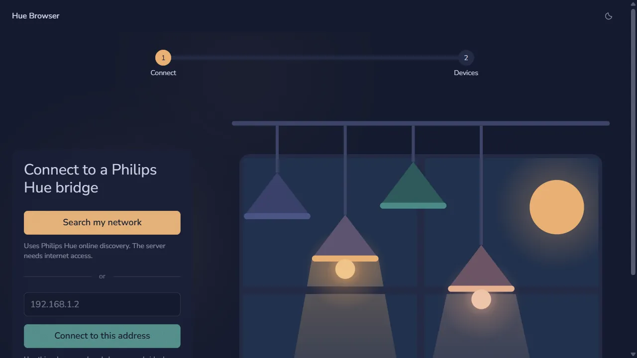 The Hue Browser connection screen with discovery and manual address options