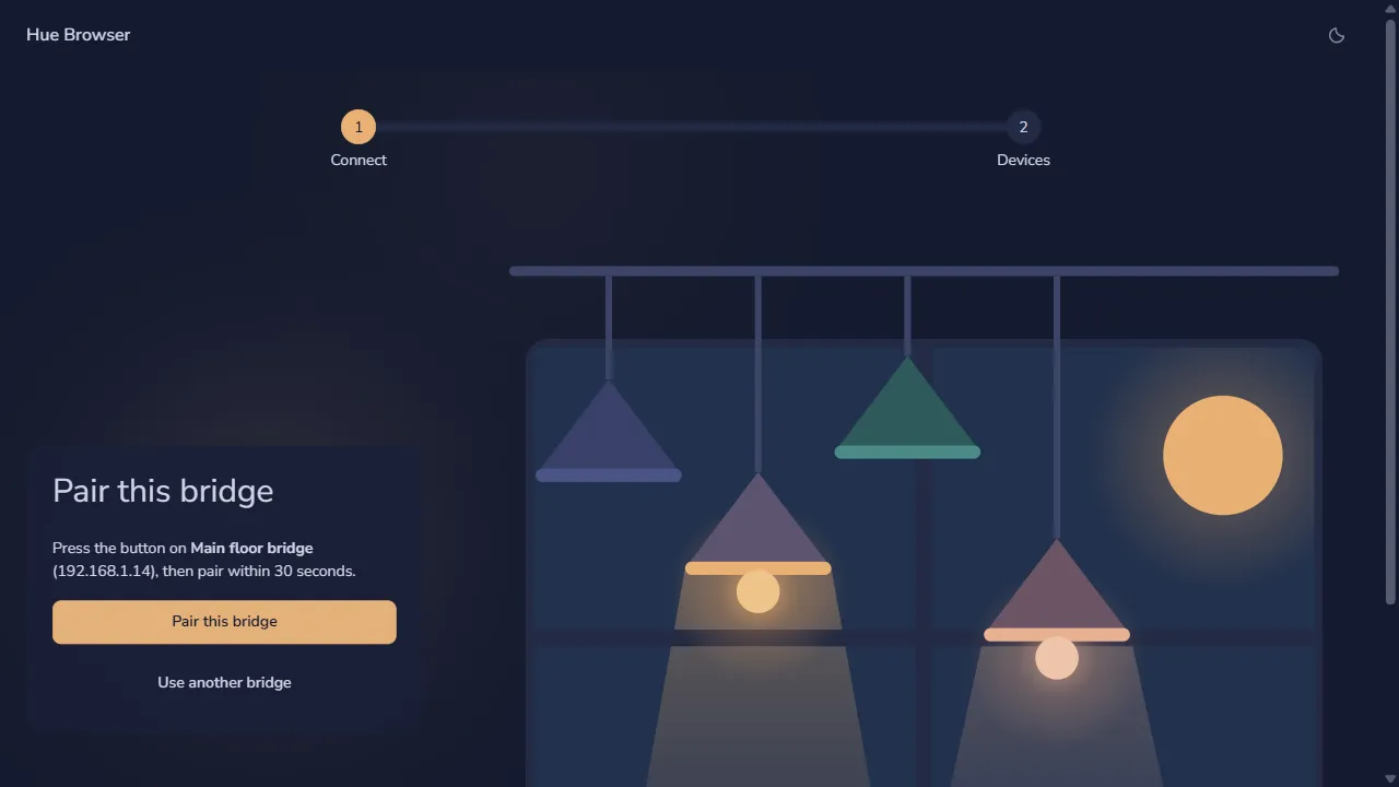 The pairing prompt asking for a button press on the selected bridge